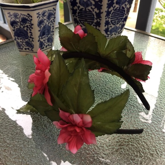 Pink Floral Headband with Forest Green Leaves - Picture 3 of 6